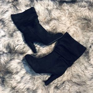 Black suede mid calf heels